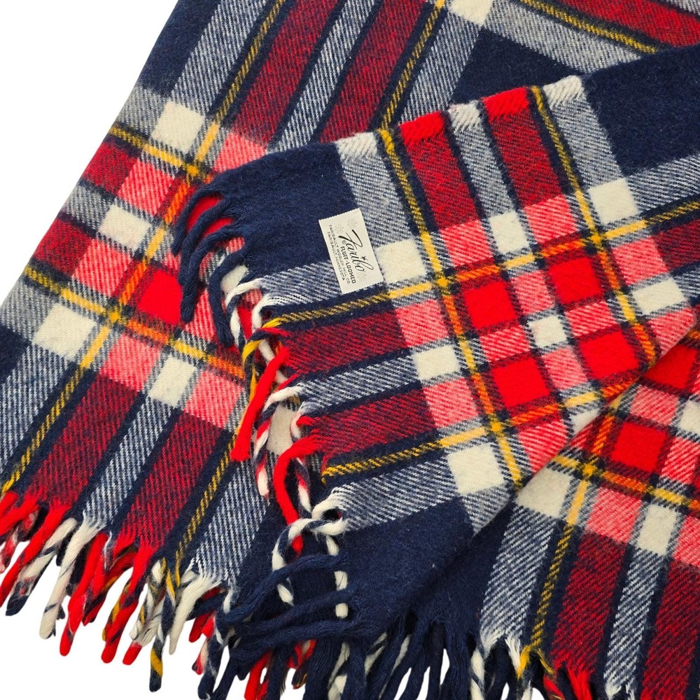 Faribo Fluff Loomed Vintage Wool Plaid Throw Blanket Red Blue Fringe 56x50 USA